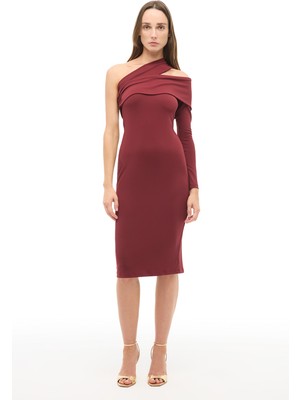 Perspective Bordo Asimetrik Yaka Slim Fit Diz Altı Elbise