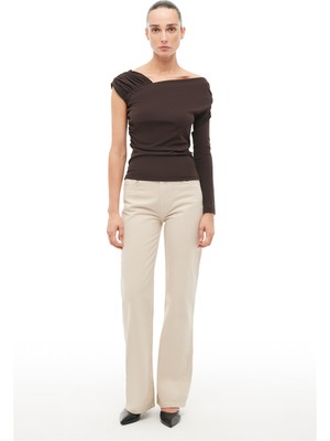 Perspective Kahverengi Asimetrik Yaka Slim Fit Bluz