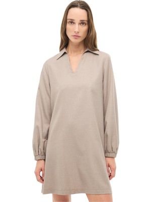 Perspective Bej Gömlek Yaka Çiçekli Midi Elbise