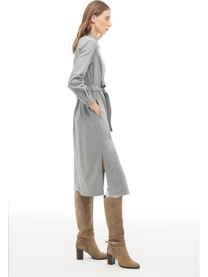 Perspective Gri Çizgili Gömlek Yaka Midi Elbise