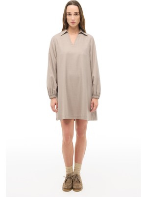 Perspective Bej Gömlek Yaka Çiçekli Midi Elbise