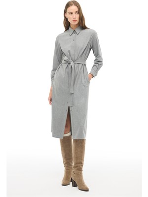 Perspective Gri Çizgili Gömlek Yaka Midi Elbise