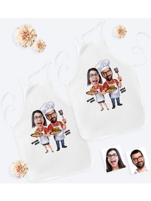Özbience Kişiye Özel Ikili Aşçı Çift Karikatürlü Mutfak Önlüğü Seti