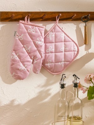 Özbience Pembe Fiyonk Desenli Fırın Eldiveni ve Tutaç, Şık ve Kullanışlı Set