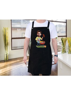 Özbience Kişiye Özel Erkek Chef Karikatürlü Siyah Mutfak Önlüğü