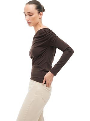 Perspective Kahverengi Asimetrik Yaka Slim Fit Bluz