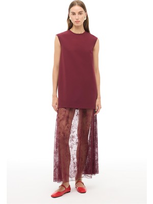 Perspective Bordo Yuvarlak Yaka Uzun Elbise