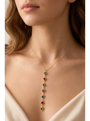 Craftique Y Model Çok Renkli Kalp Taşlı Gold Zincir Kadın Çelik Kolye | Minimal Şık Tasarım