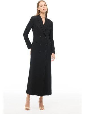 Perspective Siyah Kruvaze Balon Kol Uzun Elbise