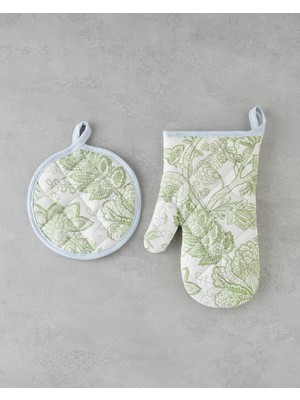 Özbience Şık Yeşil ve Beyaz 2 Parça Mutfak Seti, Pamuk Polyester, 17X30 ve 20X20 cm