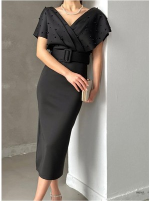 AS15 Incili Kruvaze Midi Boy Kemerli Elbise,