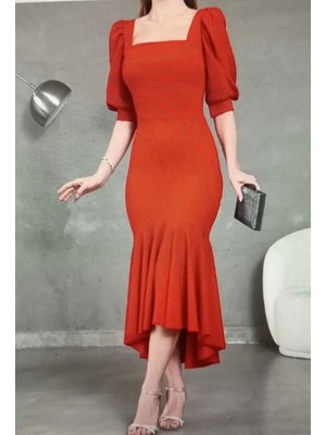 Allsisi Kare Yaka Eteği Fırfır Detay Midi Boy Abiye