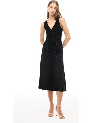 Perspective Siyah V-Yaka Slim Fit Midi Elbise