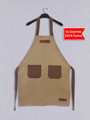 Özbience Krem-Kahve Renkli Cepli Mutfak Önlüğü, Kuşaklı ve Şık Tasarım