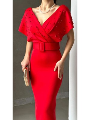 AS15 Incili Kruvaze Midi Boy Kemerli Elbise,