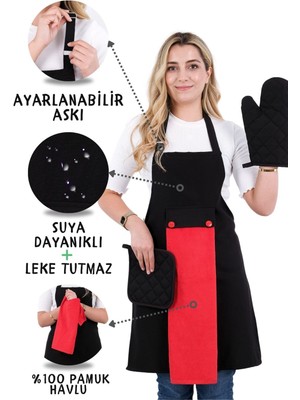 Özbience Renkli 4'lü Mutfak Önlüğü Seti, Ayar Askılı ve Eldiven Tutacak ile