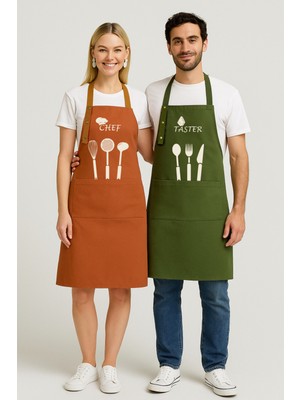 Özbience Çiftli Mutfak Önlüğü Seti, Leke Tutmaz, Su Itici, Baskılı, Şef ve Taster Için