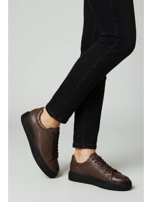 Faymaz Erkek Kahve Cilt Kalın Tabanlı Garantili Bağcıklı Günlük Spor Ayakkabı