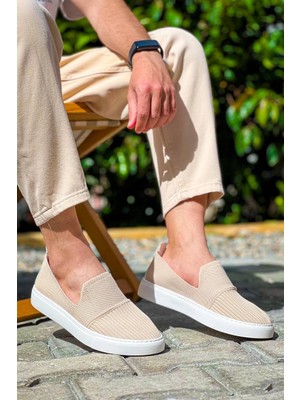 Zapatos KB114 Erkek Günlük Bağcıksız Triko Spor Sneaker Ayakkabı Tbt - Bej