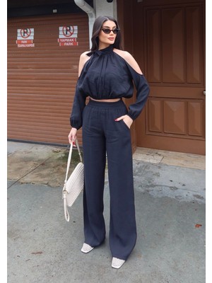 Bejna Kadın Boyundan Bağlamalı Dokuma Bluz Pantolon Alt Üst Takım