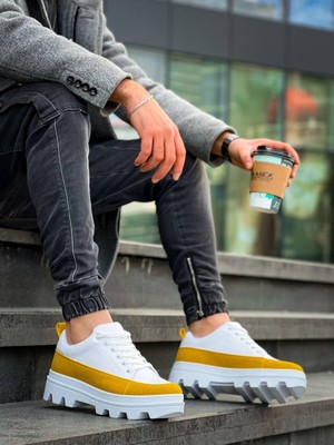 Zapatos KB056 Erkek Günlük Bağcıklı Cilt Süet Spor Sneaker Ayakkabı Csbt - Beyaz/sarı