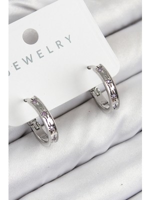 Değirmen Grup Pirinç Zirkon Taşlı Halka Model Gümüş Renk Kadın Küpe - Lisinya