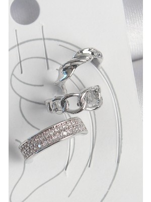 Değirmen Grup Pirinç Gümüş Renk Zirkon Taşlı 3'lü Zincir Sarmal Model Kadın Kıkırdak Küpe - Lisinya