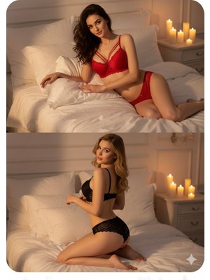 Trend Dokunuş Kadın 2'li Askılı Dantelli ve Dolgulu Kırmızı-Siyah Iç Çamaşır Sütyen Külot Takımı