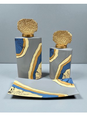 Mavi Gri Desenli Üçlü Dikdörtgen Seramik Set