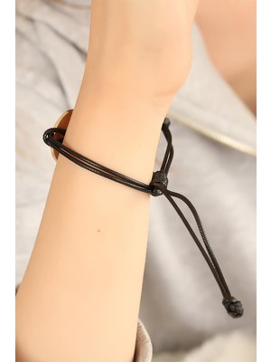 Değirmen Grup Happy (Mutlu) Siyah Deri Ipli Unisex Mood Bileklik - Lisinya