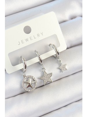 Değirmen Grup Pirinç Zirkon Taşlı Yıldız Model Gümüş Renk 3'lü Çift Kadın Küpe Set - Lisinya