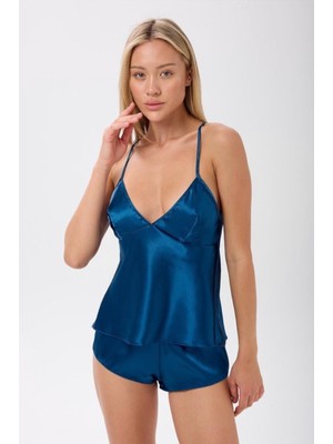 Zined Saten Sırtı Açık Şortlu Pijama Takımı