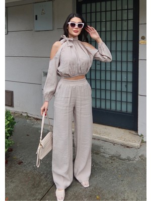 Bejna Kadın Boyundan Bağlamalı Dokuma Bluz Pantolon Alt Üst Takım