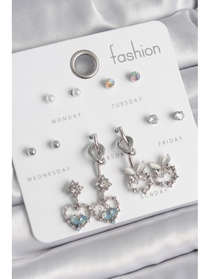 Değirmen Grup Pirinç Gümüş Renk Sallantı Zirkon Taşlı Kalp Model Düğüm Detay 7 Çift Kadın Küpe Seti - Lisinya