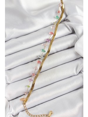 Değirmen Grup 316L Çelik Gold Renk Kristal Karışık Renkli Taşlı Kadın Bileklik - Lisinya