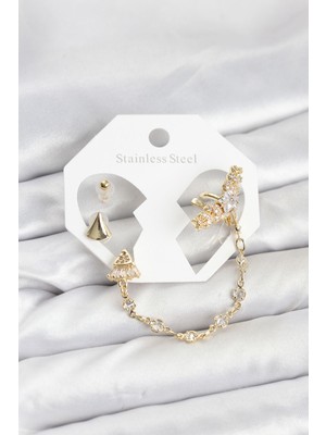 Değirmen Grup Pirinç Gold Renk Yıldızlı Model Zincir Bağlantılı Ear Cuff Küpe Seti - Lisinya
