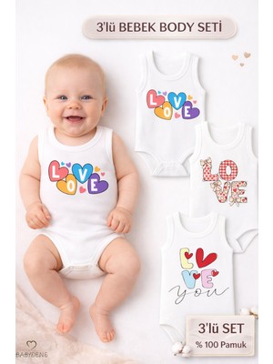 Babyden's 3’lü Bebek Body Seti %100 Pamuk | Love Baskılı Atlet Body | Yenidoğan & Bebek Iç Giyim | 0-24 Ay