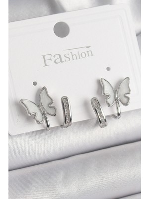 Değirmen Grup Pirinç Gümüş Renk Zirkon Taş Detaylı Beyaz Sedefli Kelebek Model Kadın Küpe - Lisinya