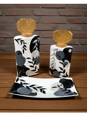 Siyah Beyaz Yaprak Desenli Üçlü Dikdörtgen Seramik Set