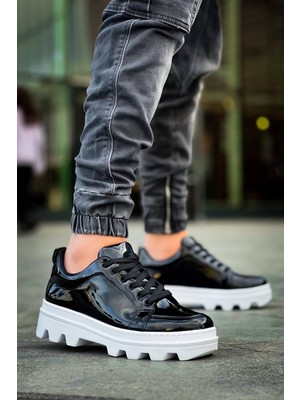 Zapatos KB056 Erkek Günlük Bağcıklı Rugan Spor Sneaker Ayakkabı Rbt - Siyah