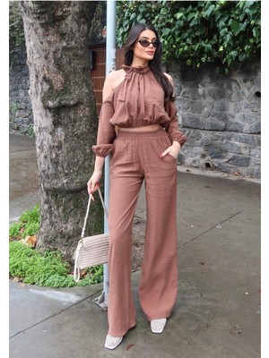 Bejna Kadın Boyundan Bağlamalı Dokuma Bluz Pantolon Alt Üst Takım