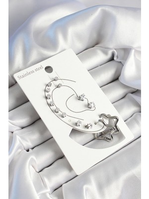 Değirmen Grup 316L Çelik Yıldız Figürlü ve Zirkon Taşlı Gümüş Renk 7'li Çift Kadın Küpe Set - Lisinya