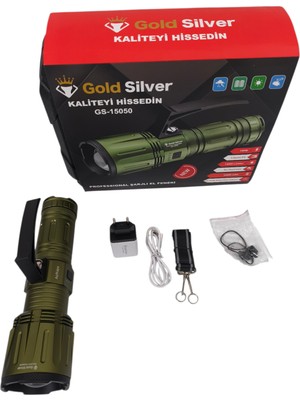 Gold Silver GS-15050 Profesyonel Şarjlı El Feneri – Yüksek Lümen, Uzun Pil Ömrü, Dayanıklı Gövde Yunus Av