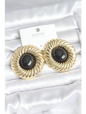 Değirmen Grup Pirinç Gold Renk Siyah Boncuklu Vintage Kadın Küpe - Lisinya