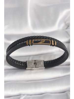 Değirmen Grup 316L Çelik Gold Renk Kanat Aksesuarlı Siyah Burgu Model Deri Kordon Erkek Bileklik - Lisinya