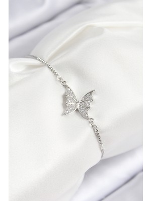 Değirmen Grup Pirinç Zirkon Taşlı Kelebek Model Gümüş Renk Asansörlü Kadın Bileklik - Lisinya