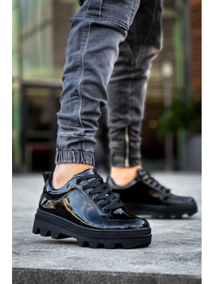 Zapatos KB056 Erkek Günlük Bağcıklı Rugan Spor Sneaker Ayakkabı Rst - Siyah