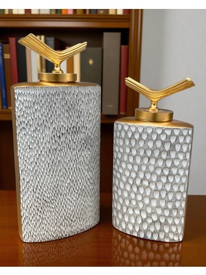 Altın Detaylı Gümüş Dokulu Ikili Dikdörtgen Seramik Set