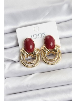 Değirmen Grup Pirinç Gold Renk Bordo Taşlı Vintage Kadın Küpe - Lisinya