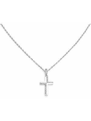 Tuqos Çelik Taşlı Haç Kolye | Paslanmaz Çelik Gümüş Renk Kadın Erkek Kolye